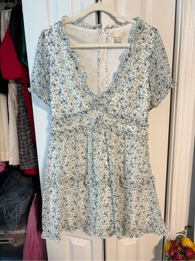 Altar'd State Pale Blue Floral Ruffle V-Neck Dress